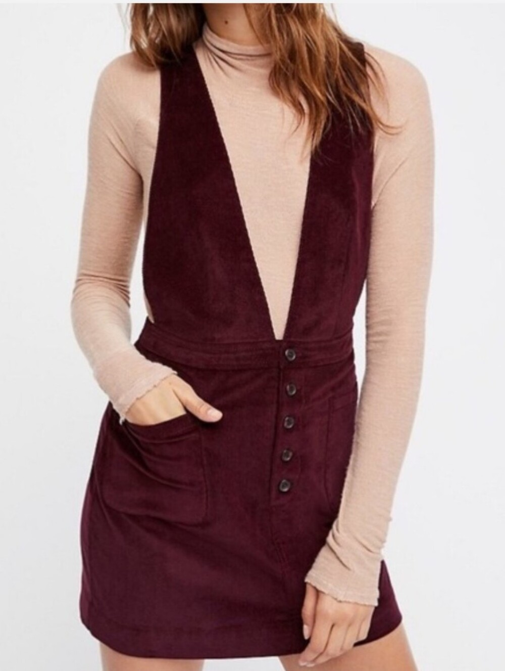 Free People "Old School Love" Corduroy Pinafore Dress - Maroon Burgundy Plum